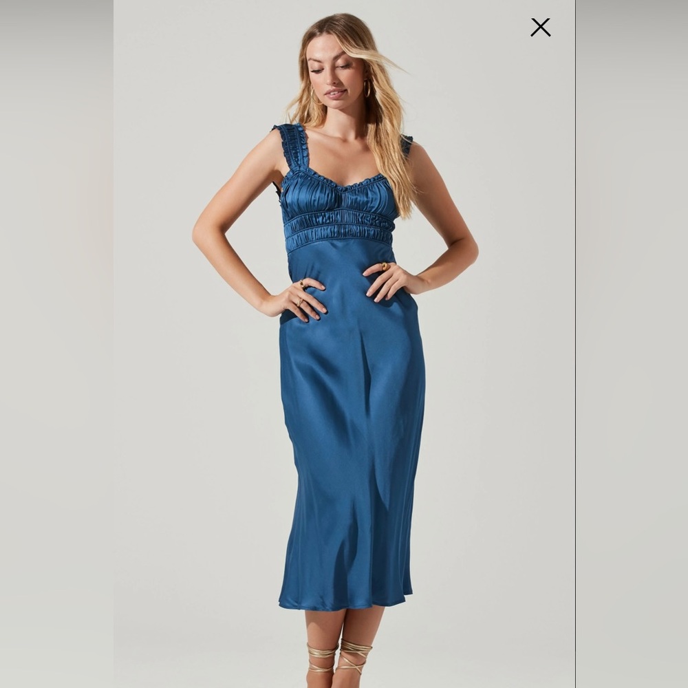 Satin Smocked Midi Dress - Slate Blue